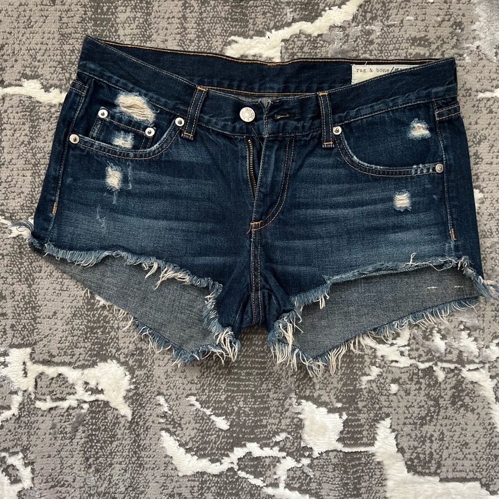 Rag and Bone cut off denim shorts. Size 25, dark wash, distressed style.